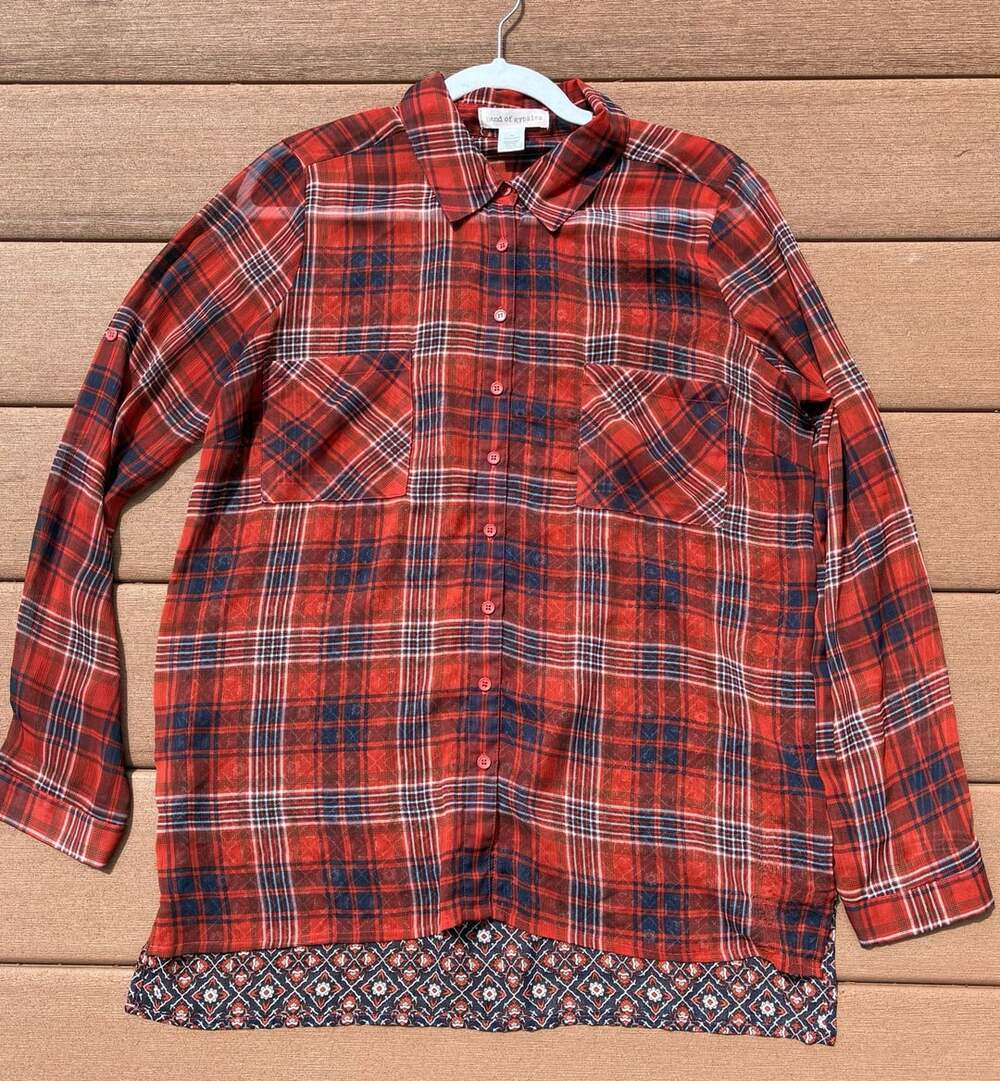 Band of Gypsies Plaid Button Up Shirt Size M Red Blue Sheer Floral Mix BoHo